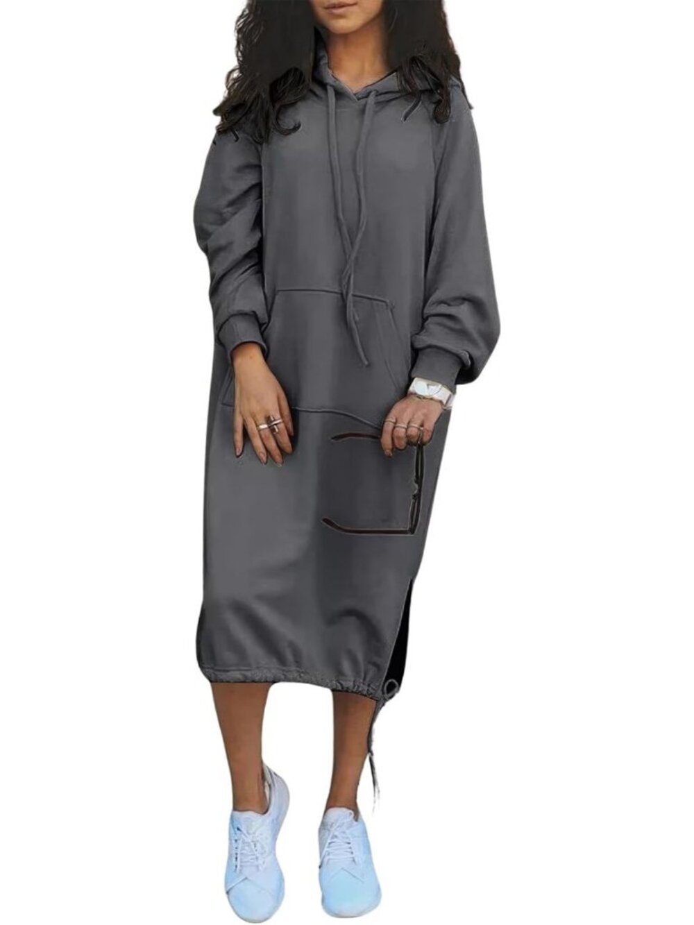 Casual Loose Solid Color Drawstring Hoodie Maxi Dress - Warm Cotton Sweatshirt